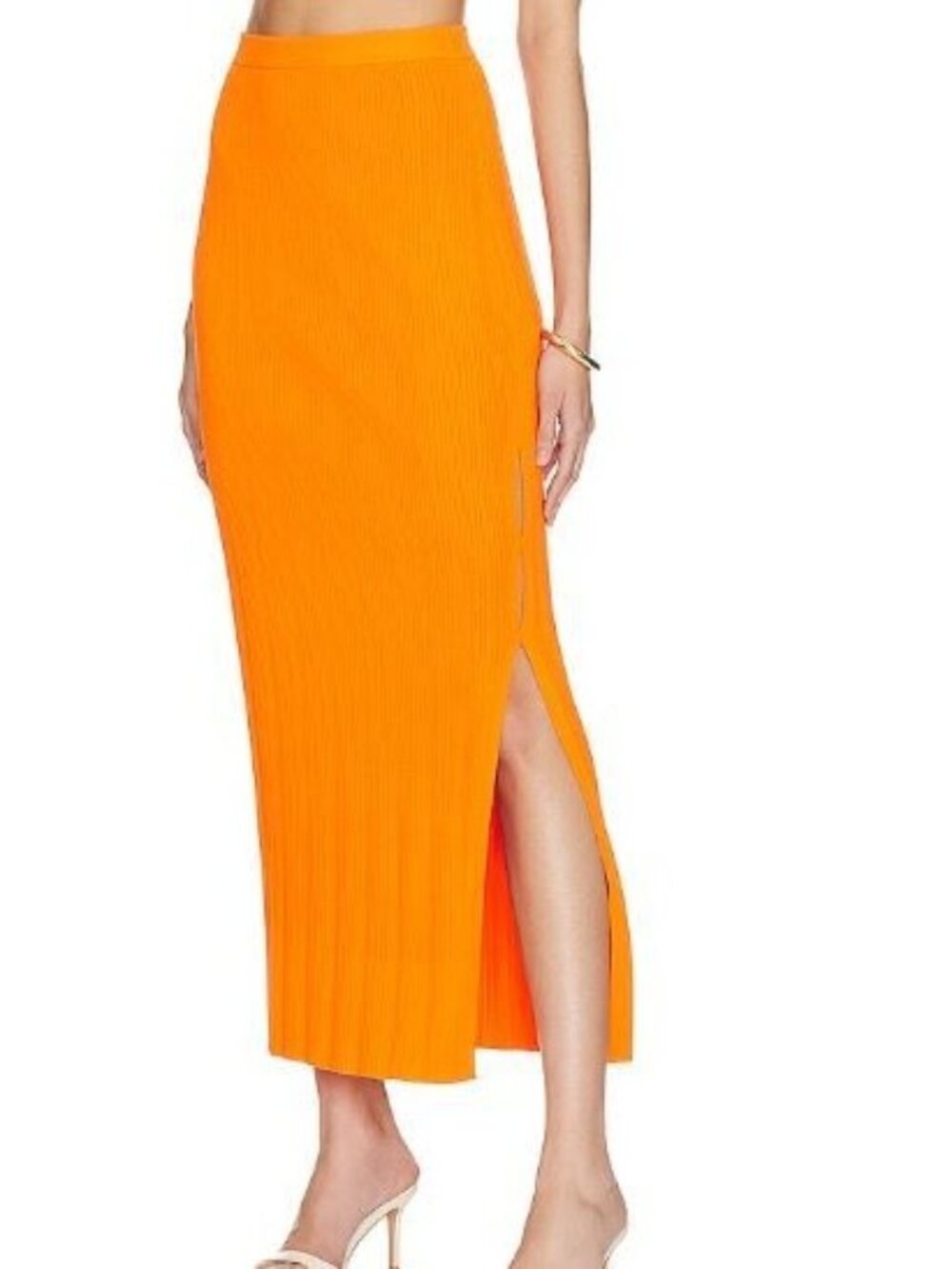 FRAME Bright Tangerine Ribbed Knit Midi Skirt Side Slit XL Pull On Viscose Blend